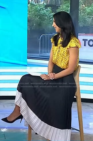 Dr. Natalie Azar’s yellow print blouse and pleated skirt on Today