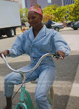 Ness's denim wrap jumpsuit on All Rise