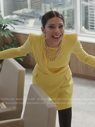 Nikki's yellow draped front dress on She-Hulk Attorney at Law