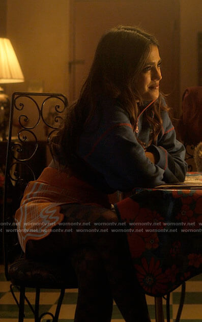 Noa's navy sweatshirt with red stitching and orange plaid skirt on Pretty Little Liars Original Sin