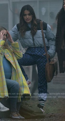 Noa's denim puffer jacket and plaid pants on Pretty Little Liars Original Sin
