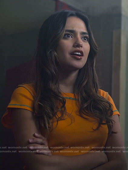 Noa's orange t-shirt with green stitching on Pretty Little Liars Original Sin