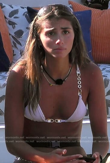 Phoebe's white chain link bikini on Love Island USA