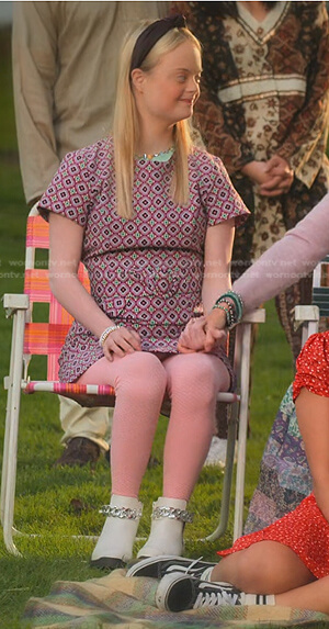 Rebecca's pink geometric belted dress on Never Have I Ever