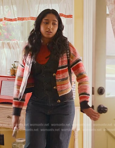 Devi's red striped cardigan on Never Have I Ever