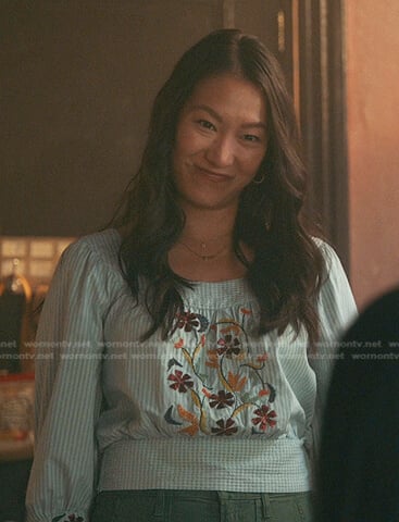 Sumi blue floral gingham check blouse on Good Trouble