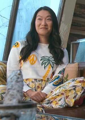 Sumi's white palm tree print sweatshirt on Good Trouble
