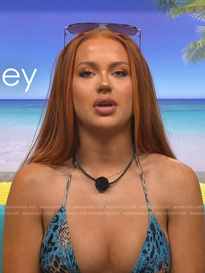 Sydney's blue leopard print bikini on Love Island USA