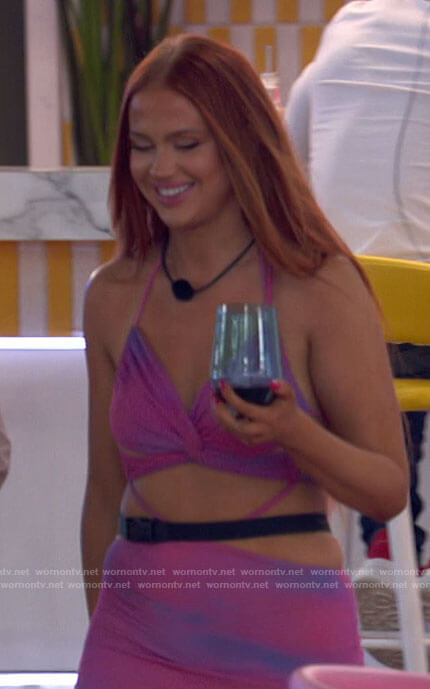 Sydney's pink and purple cutout maxi dress on Love Island USA