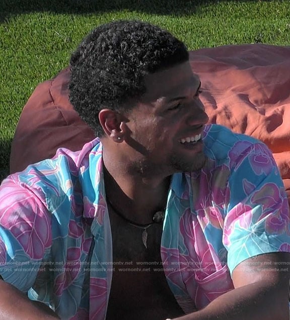 Timmy's aqua blue and pink tropical print shirt on Love Island USA