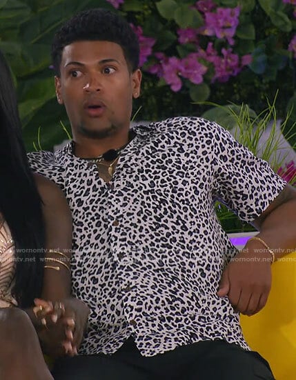 Timmy's white leopard print shirt on Love Island USA