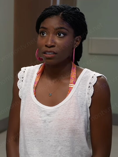 Trina's whit crochet trim tank on General Hospital