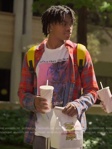 Zeke's red plaid shirt on Grown-ish
