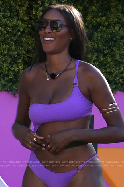 Zeta's purple one-shoulder swimsuit on Love Island USA