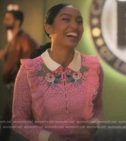 Zoey's pink eyelet floral embroidered dress on Grown-ish