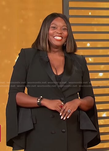 Melissa Chataigne's black double breasted blazer dress on Access Hollywood