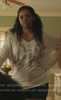 Nina's white Love graphic tee on The Chi
