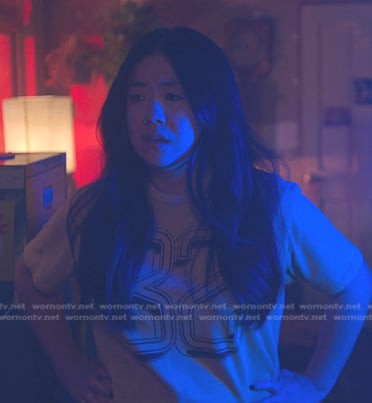 Alice's orange 82 print tee on Good Trouble