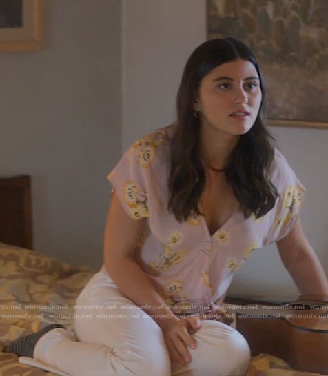 Ana's pink floral wrap blouse on Monarch
