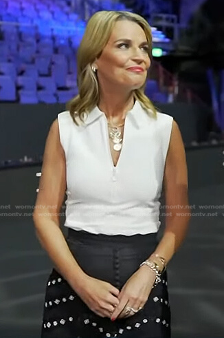 Savannah’s white half zip top and skirt on Today