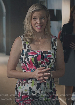 Barbara's white floral print square neck dress on Stargirl