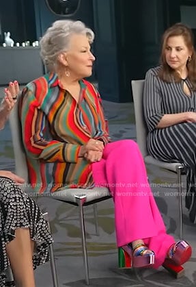 Bette Midler's rainbow striped shirt and sandals on CBS Mornings