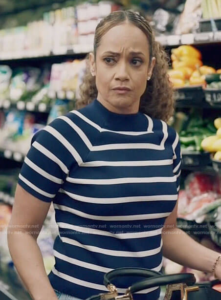 Billie's navy blue striped top on Queen Sugar