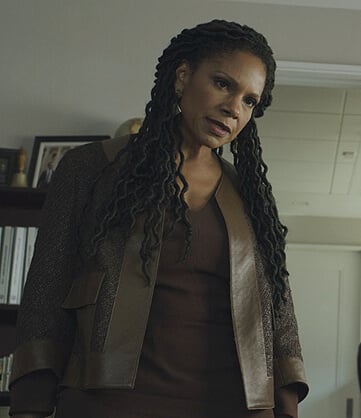 Liz's brown tweed leather trim jacket on The Good Fight