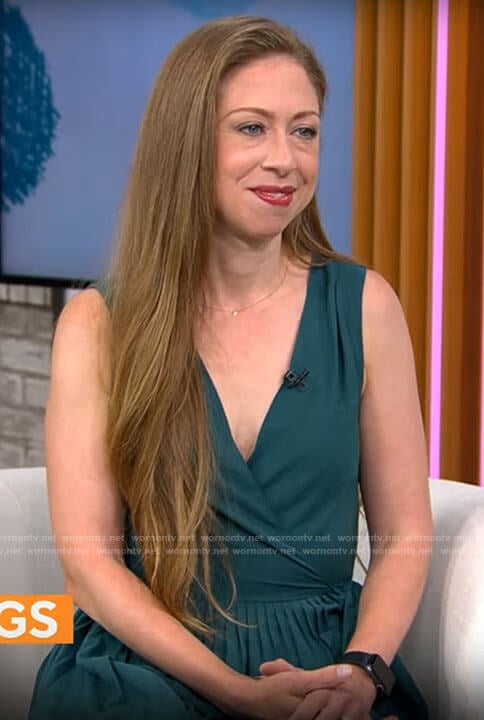 Chelsea Clinton's teal green pleated wrap dress on CBS Mornings