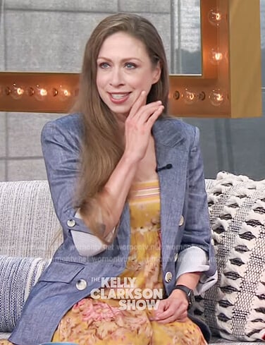 Chelsea Clinton's yellow floral print dress on The Kelly Clarkson Show
