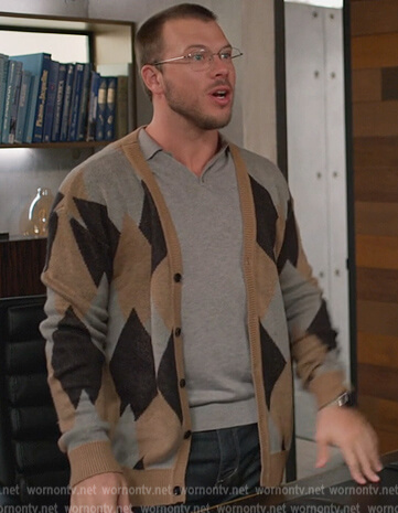 Connor's argyle cardigan on Home Economics