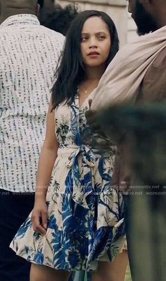 Darla's blue floral wrap dress on Queen Sugar