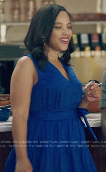 Darla's blue sleeveless v-neck dress on Queen Sugar