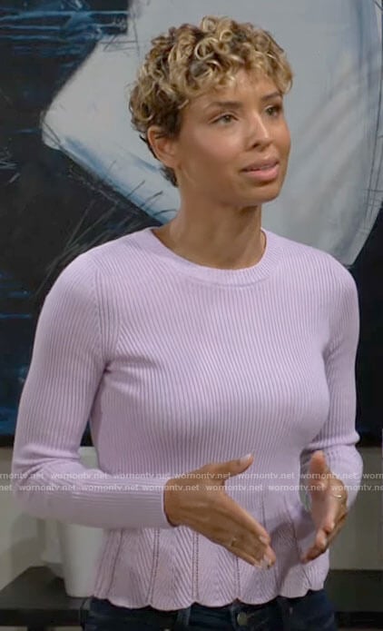 Elena's purple scalloped hem sweater on The Young and the Restless
