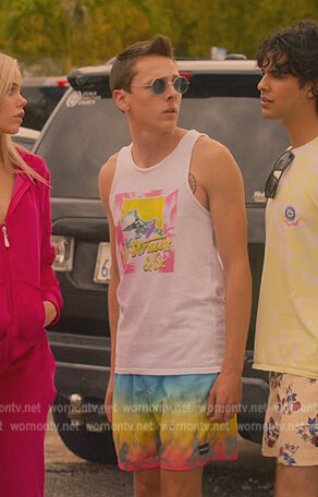 Eli's rainbow tie dye print shorts on Cobra Kai