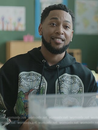 Emmett's black stained glass graphic hoodie on The Chi