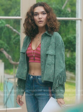 Flora's green suede jacket with fringe on Fate The Winx Saga