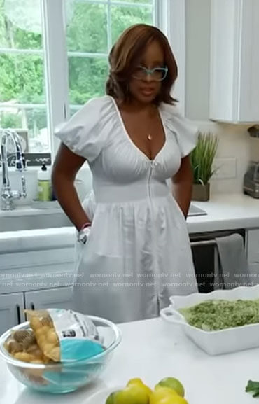 Gayle King's white v-neck puff sleeve dress on CBS Mornings