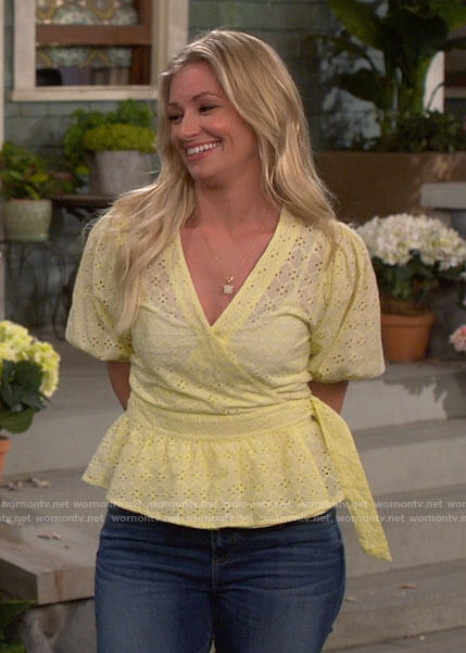Gemma's yellow eyelet wrap top on The Neighborhood