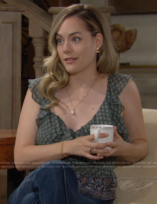 Hope's green ruffled top and spike earrings on The Bold and the Beautiful