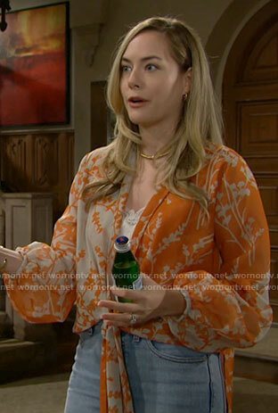 Hope's orange floral tie front top on The Bold and the Beautiful