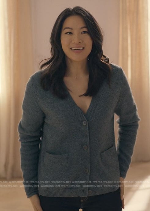 Ingrid's blue layered cardigan on Partner Track