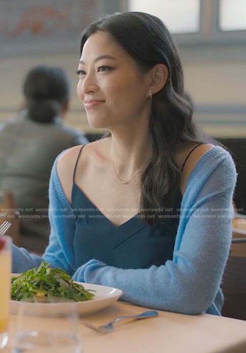 Ingrid's navy slip dress on Partner Track