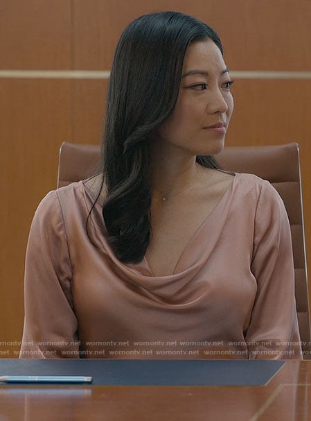 Ingrid's pink cowl neck blouse on Partner Track