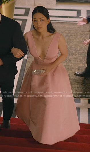 Ingrid's pink deep v-neck dress on Partner Track