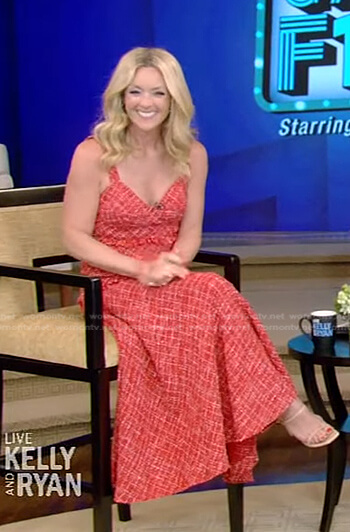 Jane Krakowski's red plaid tweed top and skirt on Live with Kelly and Ryan