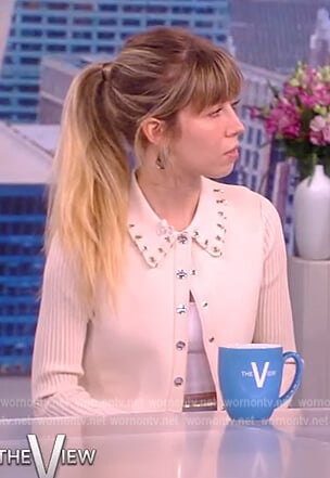 Jennette McCurdy's white ribbed embellished trim cardigan on The View
