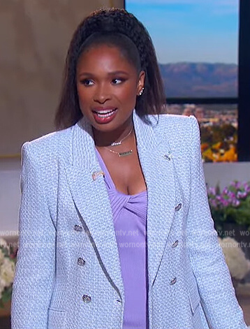 Jennifer's lilac ribbed twist neck dress on The Jennifer Hudson Show