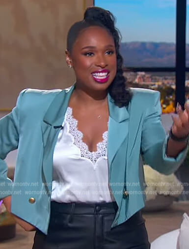Jennifer's blue cropped blazer and cami on The Jennifer Hudson Show