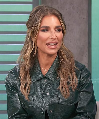 Jessie James Decker's green leather jacket and skirt on Access Hollywood